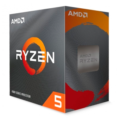 Caixa do processador AMD Ryzen 5 com design cinzento, laranja e vermelho.