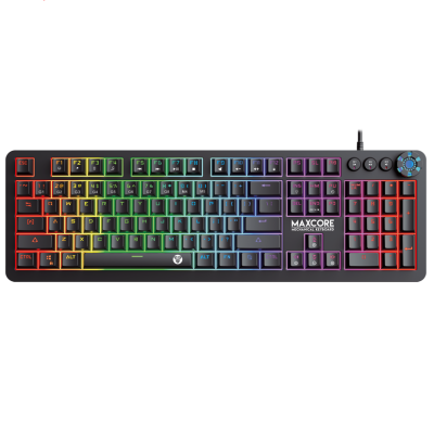 Teclado mecânico preto com luzes RGB e botões adicionais