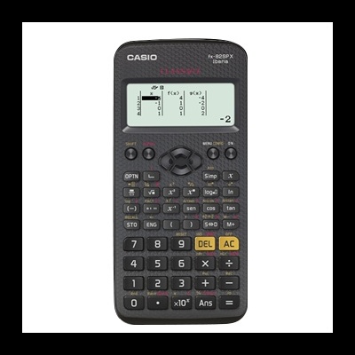 Calculadora científica Casio preta com visor digital mostrando uma matriz.