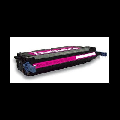Cartucho de toner para impressora HP em cor magenta, com corpo preto e etiquetas rosa e branco