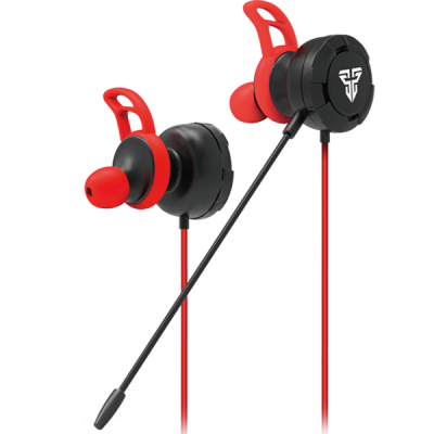 Auriculares intra-auriculares pretos e vermelhos com microfone e detalhe de logotipo branco