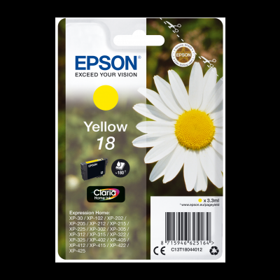 Embalagem de tinteiro Epson Yellow 18 com texto e imagem de flor branca