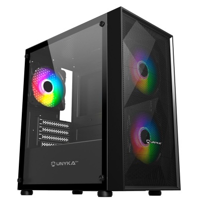 Computador desktop preto com ventoinhas RGB e painel lateral em vidro