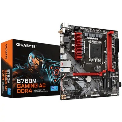 Placa-mãe Gigabyte B760M Gaming AC DDR4 com caixa preta com imagem de robô