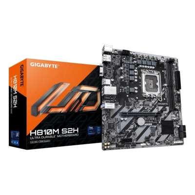 Placa-mãe GIGABYTE H810M S2H com caixa ao lado em fundo branco