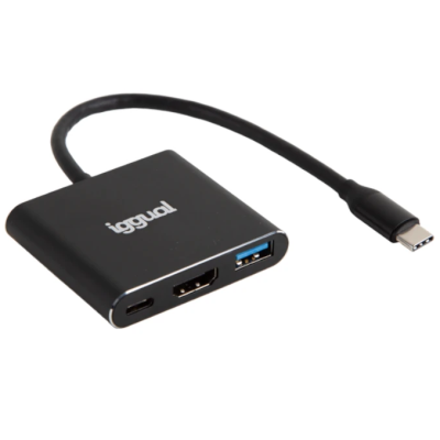 Adaptador preto iggual com cabo USB-C e três portas de saída.