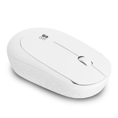 Rato sem fios branco com roda de scroll e logotipo 2S