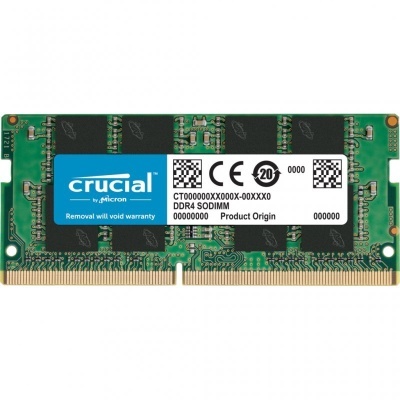 Módulo de memória RAM Crucial DDR4 SODIMM verde com chips pretos e etiqueta branca e azul.