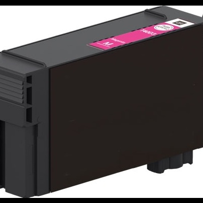 Cartucho de tinta magenta para impressora com rótulo rosa.