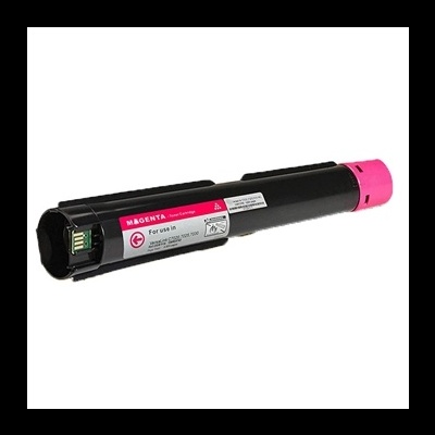 Toner de impressora cilíndrico preto com tampa rosa e etiqueta MAGENTA