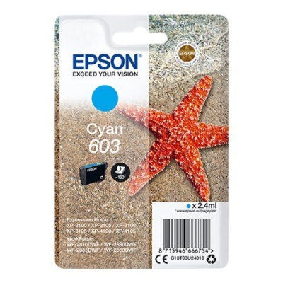 Cartucho de tinta Epson Cyan 603 com estrela-do-mar vermelha sobre areia na embalagem