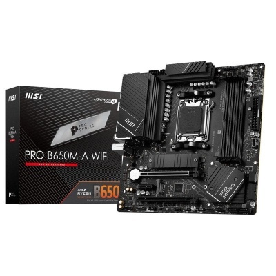 Placa-mãe MSI PRO B650M-A WIFI com embalamento preto e detalhes cinza