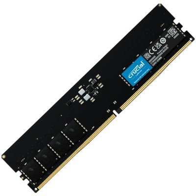 Módulo de memória RAM DDR5 UDIMM preto com etiqueta azul Crucial