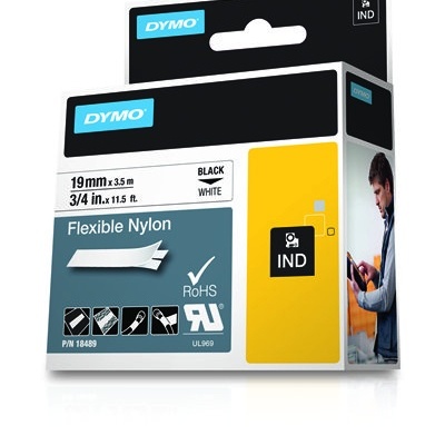 Embalagem de etiqueta DYMO nylon flexível preta e branca 19mm x 3,5m