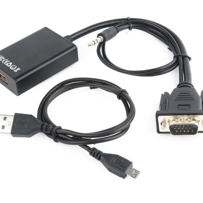 Adaptador preto com conetor VGA e cabo com USB-A e Micro USB