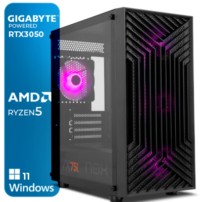 computador desktop preto com iluminação LED roxa e painel lateral em vidro temperado