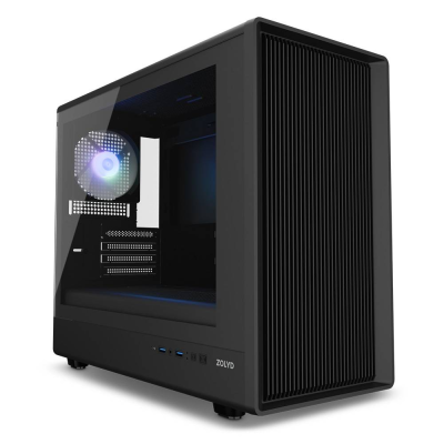 Computador de secretária preto com lateral em vidro e ventoinha RGB