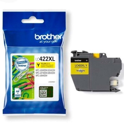 Cartucho Brother LC422XL amarelo embalado e o cartucho fora da embalagem