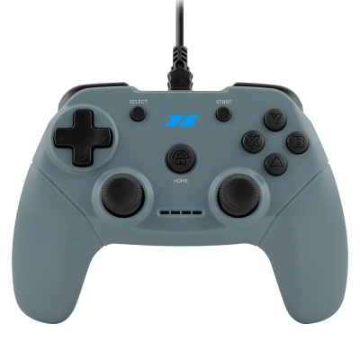 Comando de videojogo azul acinzentado com botões pretos e dois analógicos