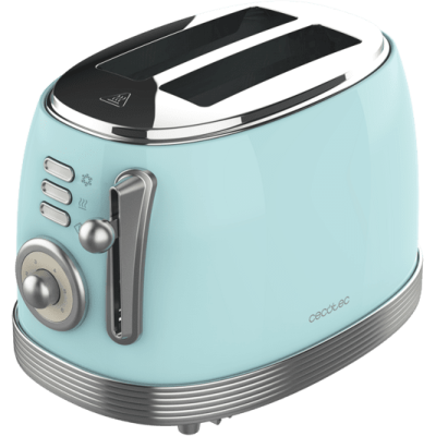 Torradeira azul claro com detalhes cromados e botões laterais