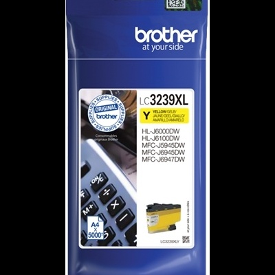 Cartucho tinta Brother LC3239XL amarelo em embalagem azul com imagem e texto