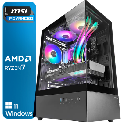 Computador de secretária preto com painel lateral de vidro e ventoinhas RGB