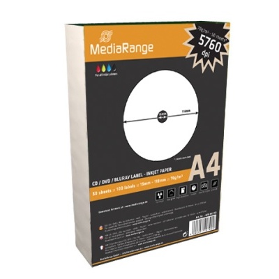 Caixa de etiquetas para CD/DVD/Bluray MediaRange A4 em papel para impressora inkjet.
