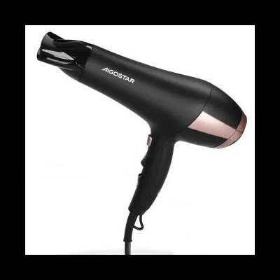 Secador de cabelo preto com detalhes dourado rosa e bico concentrador da marca ALGOSTAR