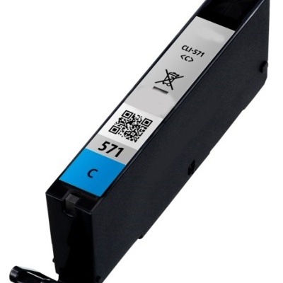 Cartucho de tinta preto com etiqueta branca e azul com código QR e texto CLI-571 571 C