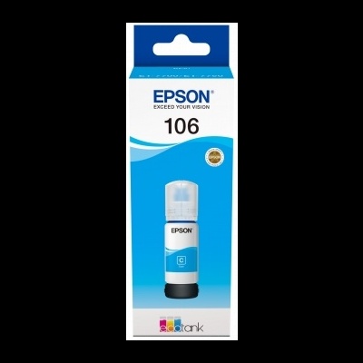 Frasco de tinta Epson 106 ciano embalado numa caixa azul e branca