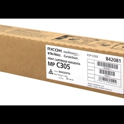 Caixa de cartucho de impressão magenta Ricoh MP C305 em embalagem de cartão
