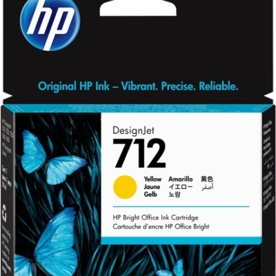 Embalagem de cartucho de tinta HP DesignJet 712 amarelo com borboletas azuis