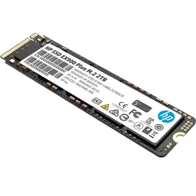 SSD HP EX900 Plus M.2 2TB preto com etiqueta branca e conectores dourados