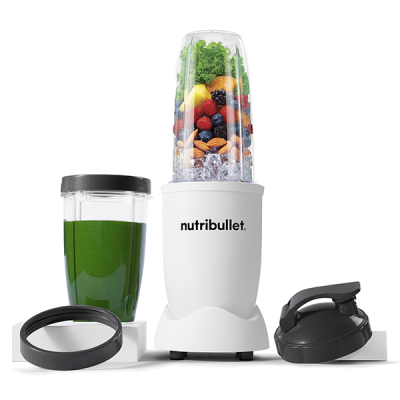 Liquidificador Nutribullet branco com copos e tampas