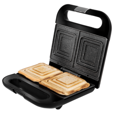 Máquina de sanduíches preta com sanduíches tostados