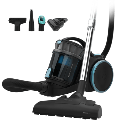 aspirador de pó preto com acessórios e texto CONGA e cecotec