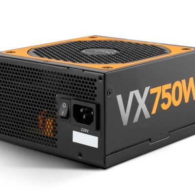 Fonte de alimentação para computador preta com detalhes laranja e texto VX 750W