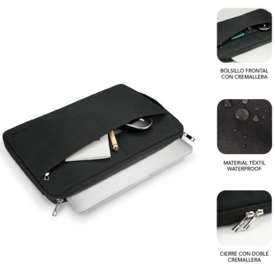 Mala preta impermeável para portátil com bolso frontal e fecho de correr duplo