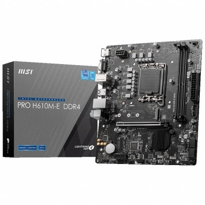 Placa-mãe MSI PRO H610M-E DDR4 com embalagem ao lado