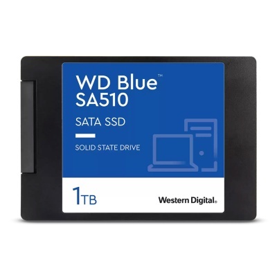 Disco sólido WD Blue SA510 SATA SSD 1TB preto com rótulo azul e branco