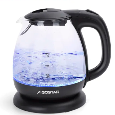 Torradeira elétrica transparente com água a ferver e base preta