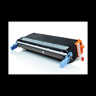 Toner preto para impressora com partes azul e laranja, fundo branco