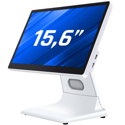 Monitor digital em suporte branco com ecrã de 15,6