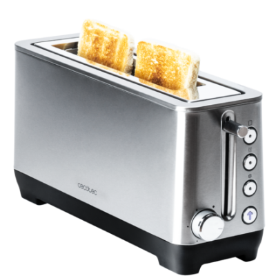 Torradeira prateada com duas fatias de pão torrado e botões no lado direito