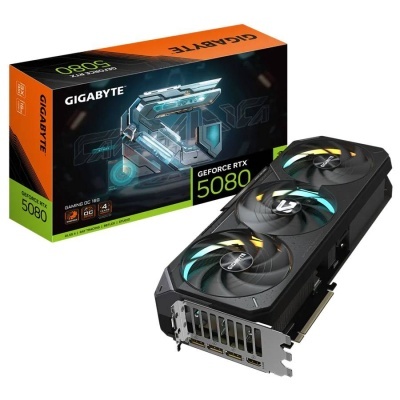 Placa gráfica Gigabyte GeForce RTX 5080 Gaming OC 16G com três ventoinhas e caixa