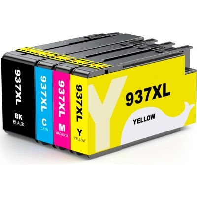 Tinteiros de impressora preto, azul, magenta e amarelo 937XL com etiquetas de cor e texto.