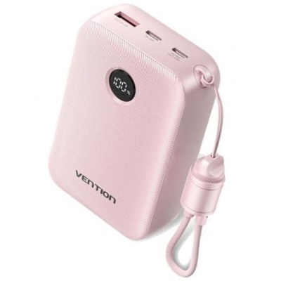 Power bank portátil rosa com mostrador digital e três portas USB