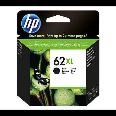 Embalagem preta de tinta HP 62 XL com imagem de pássaro preto e plantas verdes.