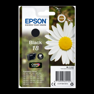 Embalagem de tinta preta Epson Black 18 e flor branca com centro amarelo