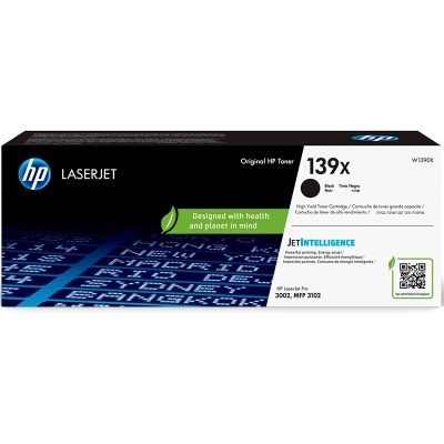 Caixa de toner preto HP LaserJet 139X para impressora com texto verde e código QR